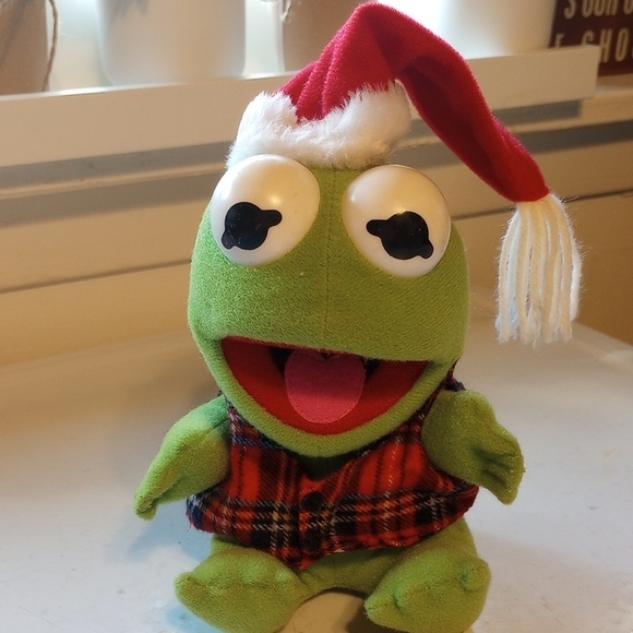 Christmas Baby Kermit the Frog in Santa Hat & Plaid Vest.  Vintage Hanson 1987 - Picture 1 of 5
